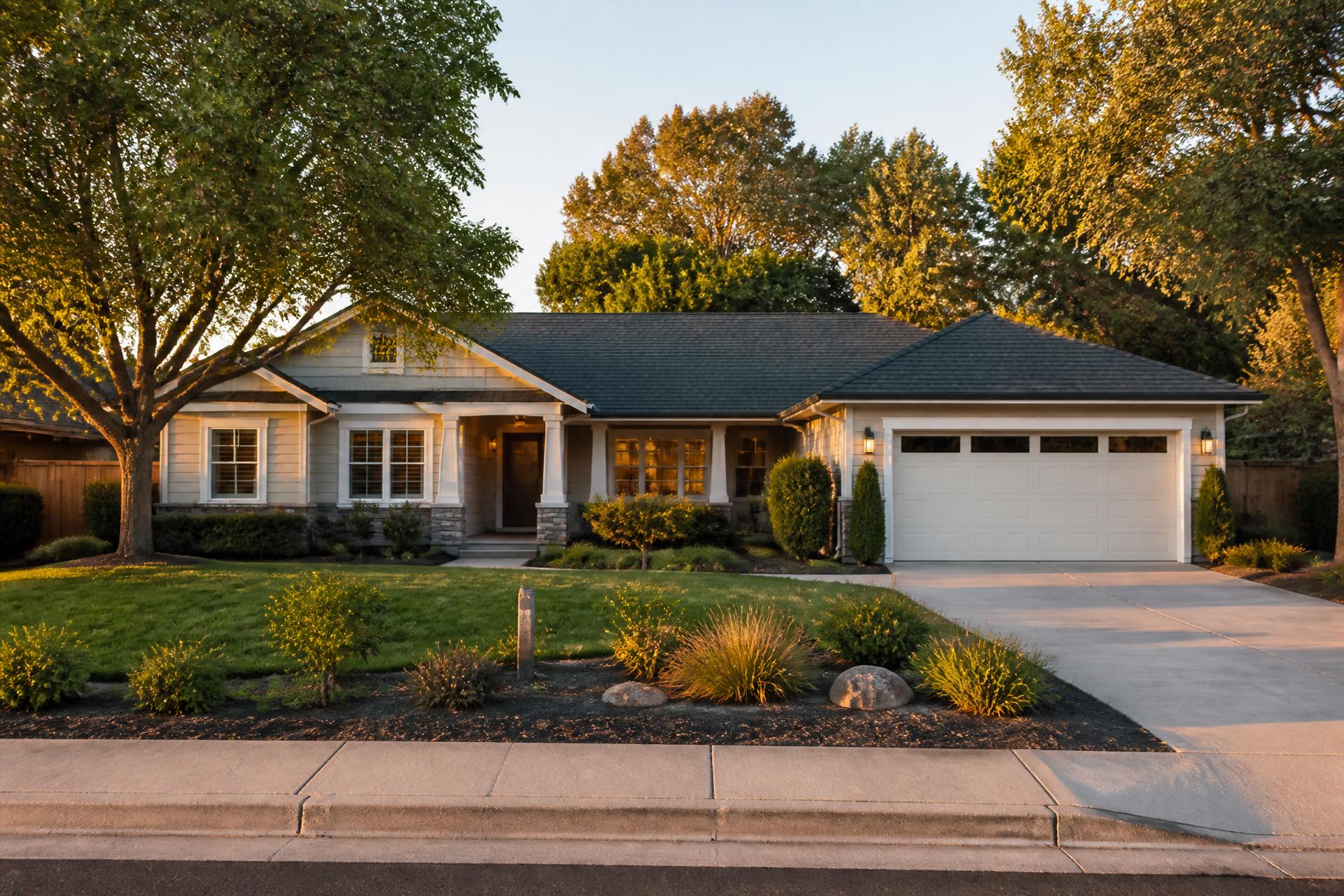 Well-maintained residential home exterior with clean gutters at golden hour